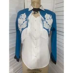 80s 90s Western Collection Turquoise Fringe Button Down Shirt USA Rodeo Medium
